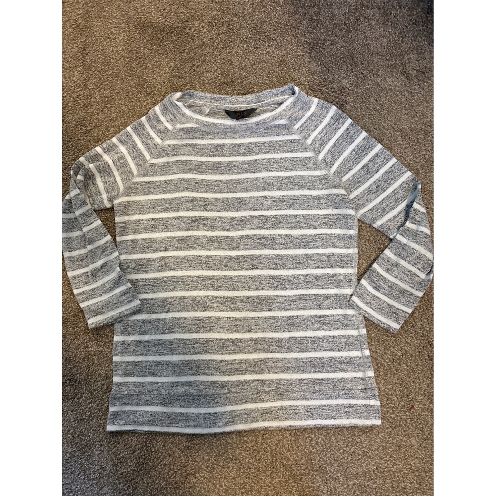Mix by 41 Hawthorn Striped Pullover Women Size S Grey White Excellent Raglan Top